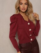 elsa.m by may Cardigan deschis Bordeaux din Viscoză Decorat cu Nasturi Florali Enarine
