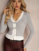 elsa.m by may Cardigan Gri Reiat cu Viscoză Decorat cu Copci Metalice Iriloria