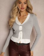 elsa.m by may Cardigan Gri Reiat cu Viscoză Decorat cu Copci Metalice Iriloria