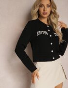 elsa.m by may Cardigan Negru cu Franjuri decorate cu Zirconii și Nasturi în formă de Flori Alinessa