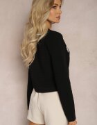 elsa.m by may Cardigan Negru cu Franjuri decorate cu Zirconii și Nasturi în formă de Flori Alinessa