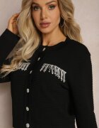 elsa.m by may Cardigan Negru cu Franjuri decorate cu Zirconii și Nasturi în formă de Flori Alinessa