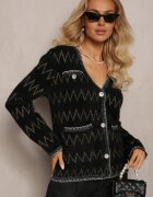 elsa.m by may Cardigan negru cu nasturi cu zirconiu cu fir metalic Sianasa