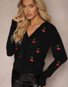 elsa.m by may Cardigan Negru Decorat cu Broderie în Formă de Cireșe Nirinia