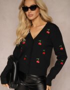 elsa.m by may Cardigan Negru Decorat cu Broderie în Formă de Cireșe Nirinia