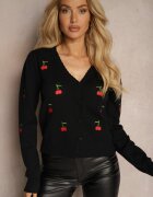 elsa.m by may Cardigan Negru Decorat cu Broderie în Formă de Cireșe Nirinia
