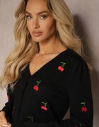 elsa.m by may Cardigan Negru Decorat cu Broderie în Formă de Cireșe Nirinia