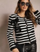 elsa.m by may Cardigan Negru din Tricot de Viscoză cu Dungi cu Fundiță de Satin Apiemia