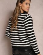 elsa.m by may Cardigan Negru din Tricot de Viscoză cu Dungi cu Fundiță de Satin Apiemia