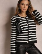 elsa.m by may Cardigan Negru din Tricot de Viscoză cu Dungi cu Fundiță de Satin Apiemia