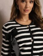 elsa.m by may Cardigan Negru din Tricot de Viscoză cu Dungi cu Fundiță de Satin Apiemia