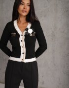 elsa.m by may Cardigan Negru din Viscoză cu Broșă Decorat cu Lanț și Fir Metalic Rileal