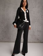 elsa.m by may Cardigan Negru din Viscoză cu Broșă Decorat cu Lanț și Fir Metalic Rileal