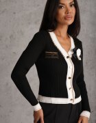 elsa.m by may Cardigan Negru din Viscoză cu Broșă Decorat cu Lanț și Fir Metalic Rileal