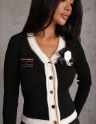 elsa.m by may Cardigan Negru din Viscoză cu Broșă Decorat cu Lanț și Fir Metalic Rileal
