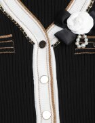 elsa.m by may Cardigan Negru din Viscoză cu Broșă Decorat cu Lanț și Fir Metalic Rileal