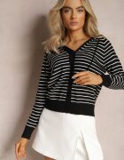 elsa.m by may Cardigan Negru din Viscoză cu Dungi cu Glugă și Nasturi Oevira