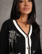 elsa.m by may Cardigan Negru din Viscoză cu fundiță tip broșă și margini contrastante Graphia
