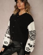 elsa.m by may Cardigan negru din viscoză cu nasturi decorat cu model geometric Nelaya