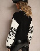 elsa.m by may Cardigan negru din viscoză cu nasturi decorat cu model geometric Nelaya