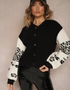 elsa.m by may Cardigan negru din viscoză cu nasturi decorat cu model geometric Nelaya