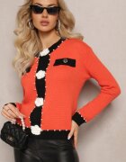 elsa.m by may Cardigan Portocaliu din Viscoză cu croială clasică cu Perle și flori Calla