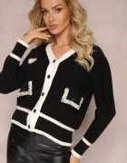 elsa.m by may Cardigan Pulover din viscoză Negru cu Bordură Contrastantă și Aplicații Narjee