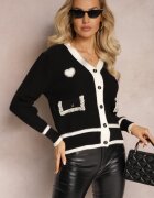 elsa.m by may Cardigan Pulover din viscoză Negru cu Bordură Contrastantă și Aplicații Narjee