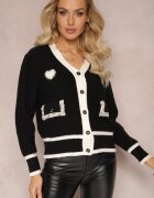 elsa.m by may Cardigan Pulover din viscoză Negru cu Bordură Contrastantă și Aplicații Narjee