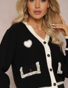 elsa.m by may Cardigan Pulover din viscoză Negru cu Bordură Contrastantă și Aplicații Narjee