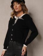 elsa.m by may Cardigan Retro Negru cu Viscoză Decorat cu Eșarfă Legată și Nasturi Eleganți Evelimi