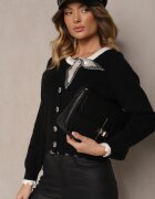 elsa.m by may Cardigan Retro Negru cu Viscoză Decorat cu Eșarfă Legată și Nasturi Eleganți Evelimi