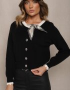 elsa.m by may Cardigan Retro Negru cu Viscoză Decorat cu Eșarfă Legată și Nasturi Eleganți Evelimi