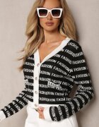 elsa.m by may Cardigan Scurt Negru-Alb cu Inscripții Fashion și Butoane Winifa