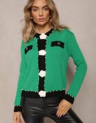 elsa.m by may Cardigan Verde din Viscoză cu Croială Clasică cu Perle și Flori de Calla