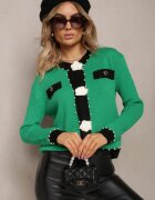 elsa.m by may Cardigan Verde din Viscoză cu Croială Clasică cu Perle și Flori de Calla