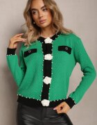elsa.m by may Cardigan Verde din Viscoză cu Croială Clasică cu Perle și Flori de Calla