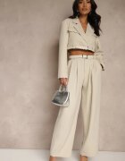 elsa.m by may Compleu Bej Stil Costum Pantaloni Largi cu Cureaua și Sacou Scurt Veritia