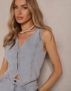 elsa.m by may Compleu Denim Albastru deschis din Viscoză Vestă și Fustă vaporoasă Calmoi