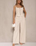 elsa.m by may Compleu elegant bej top cu nasturi și pantaloni largi din viscoză și bumbac Divianne