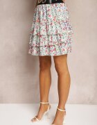elsa.m by may Fustă Alb-Roz Evazată Florală Mini cu Închidere Decorativă și Volane Vimarie