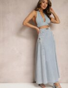 elsa.m by may Fustă albastră deschisă din bumbac maxi cloș din denim cu lanț decorativ Viralle