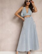 elsa.m by may Fustă albastră deschisă din bumbac maxi cloș din denim cu lanț decorativ Viralle