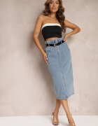 elsa.m by may Fustă Albastră Din bumbac High Waist cu șliț și curea și elastic în talie Crisbella