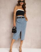 elsa.m by may Fustă Albastră Din bumbac High Waist cu șliț și curea și elastic în talie Crisbella