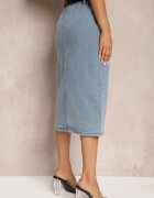 elsa.m by may Fustă Albastră Din bumbac High Waist cu șliț și curea și elastic în talie Crisbella