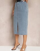 elsa.m by may Fustă Albastră Din bumbac High Waist cu șliț și curea și elastic în talie Crisbella