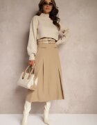 elsa.m by may Fustă bej evazată cu elastic în talie finisată cu benzi decorative Evirenie