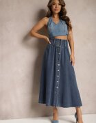 elsa.m by may Fustă Bleumarin Denim Maxi cu Nasturi din Bumbac Rachellia