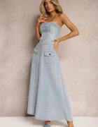 elsa.m by may Fustă cloș albastru deschis din denim maxi din bumbac cu nasturi Brissa